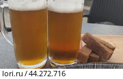 two mugs of beer with croutons. Two glasses of beer on the terrace at the bar. Стоковая анимация, аниматор Скрипачев Антон / Фотобанк Лори