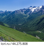 View from the mountainside to the village in the wooded valley, Terscol, Caucasus. Стоковое фото, фотограф Евгений Харитонов / Фотобанк Лори