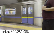 A metro train departs from the Abay station of the Almaty metro. Kazakhstan. Alama-ata. 24.08.2024. Редакционное видео, видеограф Ярославский Максим / Фотобанк Лори