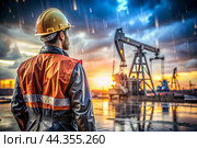 Oil production. An oil well and a man in work clothes and a construction helmet. Oil platform and industrial equipment. Difficult working conditions. Стоковое AI-изображение, AI-художник Photojuli / Фотобанк Лори