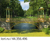 Small Chinese Bridge spans  Krestovy Canal in Alexander Park on summer day. Tsarskoye Selo (Pushkin) near St Petersburg, Russia (2024 год). Редакционное фото, фотограф Валерия Попова / Фотобанк Лори