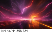 Night road in electric discharges. Стоковое AI-изображение, AI-художник Галина Эмберг / Фотобанк Лори