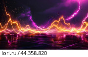 Electrical discharges spread across the ground and across the sky. Стоковое AI-изображение, AI-художник Галина Эмберг / Фотобанк Лори