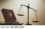 Balancing scales of justice sitting next to law books. Стоковое AI-видео, аниматор Юрий Поздников / Фотобанк Лори