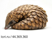 A pangolin curled up in its defensive position, scales tightly packed. Стоковое AI-изображение, AI-художник Veniamin Kraskov / Фотобанк Лори