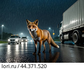 Red fox runs along busy dual carriageway causing vehicles to brake and swerve to avoid it. Стоковое AI-изображение, AI-художник Владимир Григорьев / Фотобанк Лори