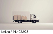 A delivery truck with boxes parked in a minimalistic indoor setting during daylight hours. Стоковое AI-изображение, AI-художник Сергей Толмачёв / Фотобанк Лори