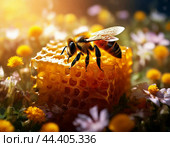 Bee, honeycomb and a bouquet of wild flowers on a table in the garden. August 14 is the Orthodox holiday Honey Savior. Стоковое AI-изображение, AI-художник Сергей Елизарьев / Фотобанк Лори