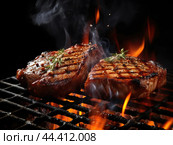 Grilled beef steaks with chilli and salt. Стоковое AI-изображение, AI-художник Veniamin Kraskov / Фотобанк Лори