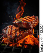 Grilled beef steaks with chilli and salt. Стоковое AI-изображение, AI-художник Veniamin Kraskov / Фотобанк Лори