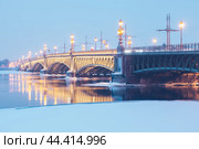 Троицкий мост с подсветкой зимним вечером. Санкт-Петербург (2024 год). Редакционное фото, фотограф Ольга Визави / Фотобанк Лори
