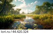 Epic view of swampy jungle with warm water in summer. Стоковое AI-изображение, AI-художник Veniamin Kraskov / Фотобанк Лори