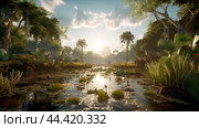 Epic view of swampy jungle with warm water in summer. Стоковое AI-изображение, AI-художник Veniamin Kraskov / Фотобанк Лори