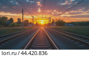Railroad tracks converging on the horizon at sunset. Стоковое AI-видео, аниматор Юрий Поздников / Фотобанк Лори