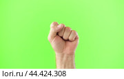 Male Hand Making Rise Up Sign Symbol. Chroma Key Green Screen Background. Gesture Movement. Body Language. 4K Footage. Close Up. Raised Hand. Clenched Closed Fist. Raised Up. Human Equal Rights. Vote. Стоковое видео, видеограф Марина Демидюк / Фотобанк Лори