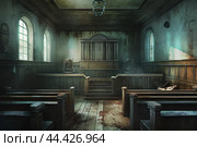Abandoned courtroom interior with moody atmosphere. Стоковое AI-изображение, AI-художник Иван Рябоконь / Фотобанк Лори