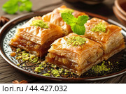 Aromatic Baklava arabian dessert. Generate Ai. Стоковое AI-изображение, AI-художник Иван Рябоконь / Фотобанк Лори
