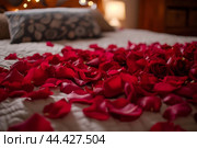 Bed covered with rose petals. Generate ai. Стоковое AI-изображение, AI-художник Иван Рябоконь / Фотобанк Лори