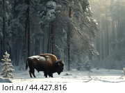 Bison animal snow forest. Generate Ai. Стоковое AI-изображение, AI-художник Иван Рябоконь / Фотобанк Лори