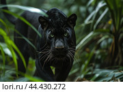 Mysterious Black panther tropical forest walk. Generate Ai. Стоковое AI-изображение, AI-художник Иван Рябоконь / Фотобанк Лори