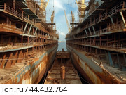 Abandoned shipyard with rusty dry docks. Стоковое AI-изображение, AI-художник Иван Рябоконь / Фотобанк Лори