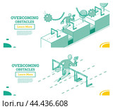 Overcome Business Obstacles. Businessman Jumps over Hurdle and Dodges from Swinging Wrecking Balls. Стоковая иллюстрация, иллюстратор Игорь Сорокин / Фотобанк Лори