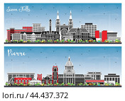 Pierre and Sioux Falls South Dakota City Skyline Set. Стоковая иллюстрация, иллюстратор Игорь Сорокин / Фотобанк Лори