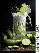 Glass of milk with fresh cucumber. Стоковое AI-изображение, AI-художник Veniamin Kraskov / Фотобанк Лори