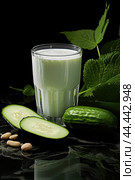 Glass of milk with fresh cucumber. Стоковое AI-изображение, AI-художник Veniamin Kraskov / Фотобанк Лори