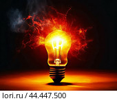 A burning incandescent light bulb with glowing filaments, working at the limit of its capabilities, is about to burn out. Стоковое AI-изображение, AI-художник Сергей Елизарьев / Фотобанк Лори