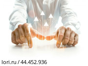 Increased profits. Benchmarking. Businessman analyzes profitability of working companies with digital augmented reality graphics, positive indicators, growing up graph and charts, colorful arrows. Стоковое AI-изображение, AI-художник Марина Демидюк / Фотобанк Лори