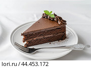 Piece of Sacher torte on white Plate. Brown portion slice of famous Sachertorte chocolate cake with apricot jam against white background. Typical Austrian original chocolate sponge cake dessert. Стоковое AI-изображение, AI-художник Марина Демидюк / Фотобанк Лори