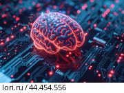 Digital brain on circuit board with glowing neural network. Стоковое AI-изображение, AI-художник Иван Рябоконь / Фотобанк Лори