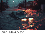 Submerged car in floodwaters at dusk. Стоковое AI-изображение, AI-художник Иван Рябоконь / Фотобанк Лори
