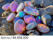 Shimmering opal stones on rocky surface. Стоковое AI-изображение, AI-художник Иван Рябоконь / Фотобанк Лори
