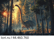 Majestic dinosaur in enchanted forest at sunset. Стоковое AI-изображение, AI-художник Иван Рябоконь / Фотобанк Лори