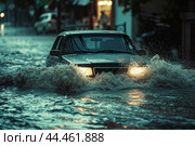 Car driving through flooded street in heavy rain. Стоковое AI-изображение, AI-художник Иван Рябоконь / Фотобанк Лори