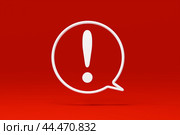 Important exclamation icon sign or attention caution mark, graphic element symbol on red background with warning problem error update message button design concept. Стоковое фото, фотограф Павел Муравьев / Фотобанк Лори