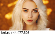 Portrait of a serious aggressive blonde teenage girl with white long hair with perfect skin, golden background, banner. Стоковое AI-изображение, AI-художник ALLA YURTAYEVA / Фотобанк Лори