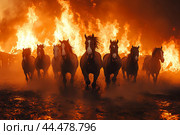 Кони мчатся, спасаются от огня. Стоковое AI-изображение, AI-художник Щеголева Ольга / Фотобанк Лори