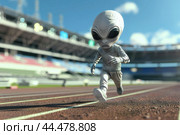 Cute stereo-typical grey alien wearing sporty tracksuit, running on a track, stadium details in the background, 3D render, created by ai. Стоковое AI-изображение, AI-художник Виталий Сова / Фотобанк Лори