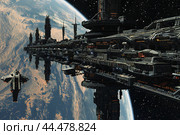 Dynamic 3D render of a space station orbiting a distant planet, with spaceships docking and departing, created by ai. Стоковое AI-изображение, AI-художник Виталий Сова / Фотобанк Лори