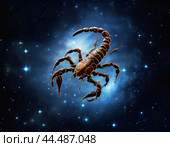 Scorpio in the night starry sky. Scorpio is a southern zodiac constellation. The brightest stars are Antares, Shaula and Sargasso. The best conditions for observation are May-June. Стоковое AI-изображение, AI-художник Сергей Елизарьев / Фотобанк Лори