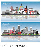 Nagasaki Japan and Kathmandu Nepal City Skyline set with Color Buildings, Blue Sky and Reflections. Illustration. Kathmandu Cityscape with Landmarks. Travel and Tourism Concept. Стоковая иллюстрация, иллюстратор Игорь Сорокин / Фотобанк Лори