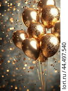 Gold balloons floating in a festive atmosphere filled with shimmering confetti. Стоковое AI-изображение, AI-художник Юлия Гапеенко / Фотобанк Лори