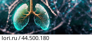 Bioengineered lungs with intricate networks of veins and bright lighting, symbolizing advanced biotechnology in a futuristic medical background. Стоковое AI-изображение, AI-художник Igor Tichonow / Фотобанк Лори