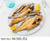 On white background, there is plate with fried fish of different varieties. Стоковое фото, фотограф Яков Филимонов / Фотобанк Лори