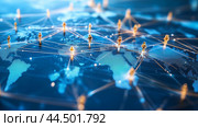 Global network of interconnected people represented by digital figures over a map background highlighting communication and collaboration. Стоковое AI-изображение, AI-художник Сергей Толмачёв / Фотобанк Лори