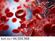 Red blood cells stream. Healthy human platelets, red blood cells under microscope. Magnified of platelets cells in blood plasma. Стоковое AI-изображение, AI-художник Ирина Старикова / Фотобанк Лори