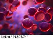Red blood cells flowing through vein on purple background. Стоковое AI-изображение, AI-художник Ирина Старикова / Фотобанк Лори
